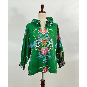 HOUSE OF MBR 2 L Harper Green Floral Ruffle Neck Blouse Top